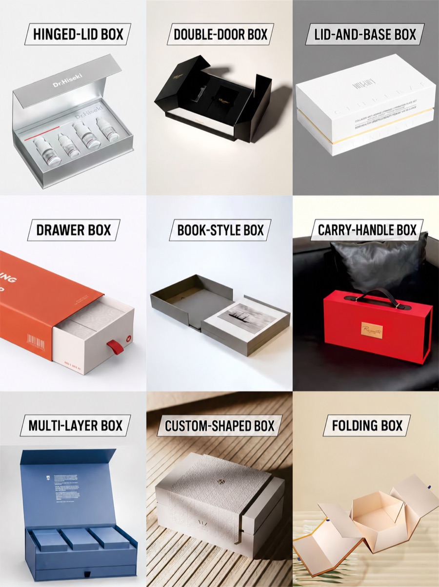 Nine custom packaging structures labelled in English, including drawer, book-style, double-door and lid-and-base boxes