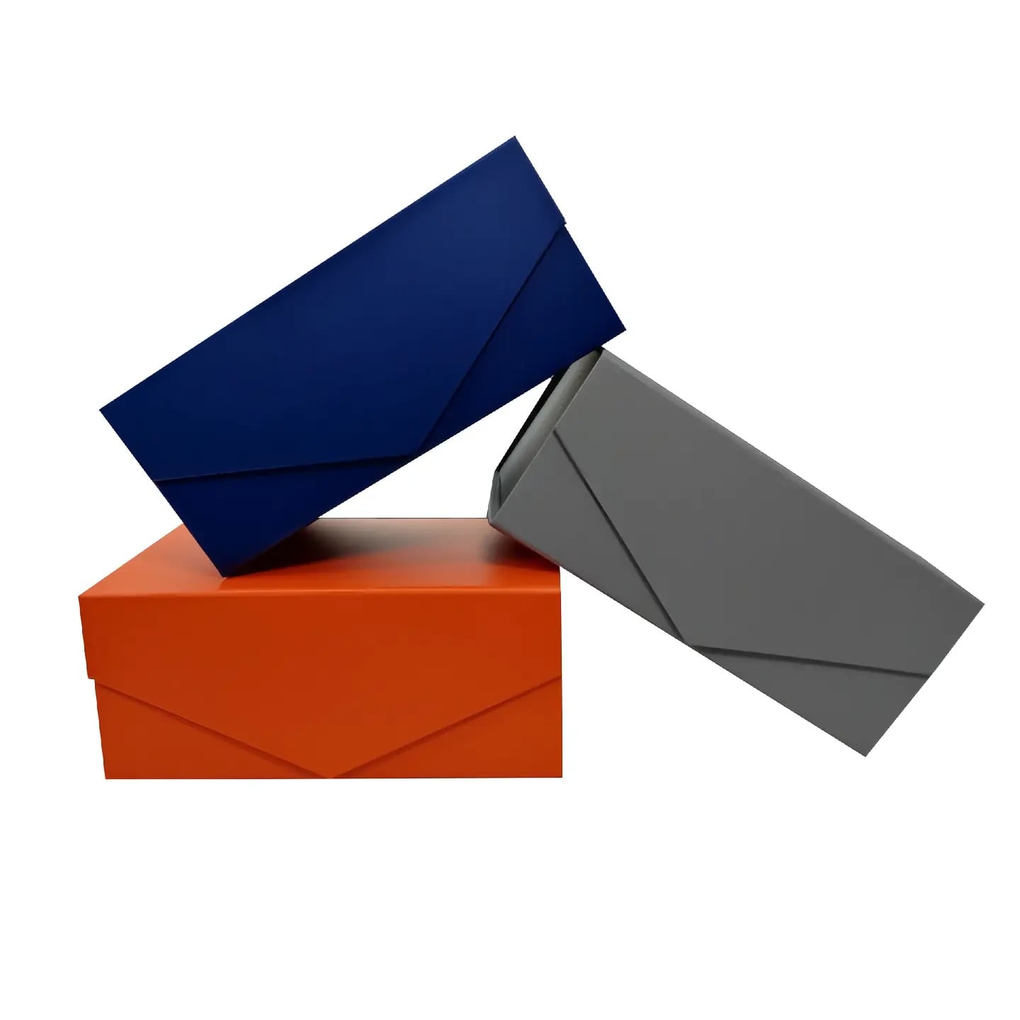 Foldable magnetic gift boxes in orange, navy and grey colour options