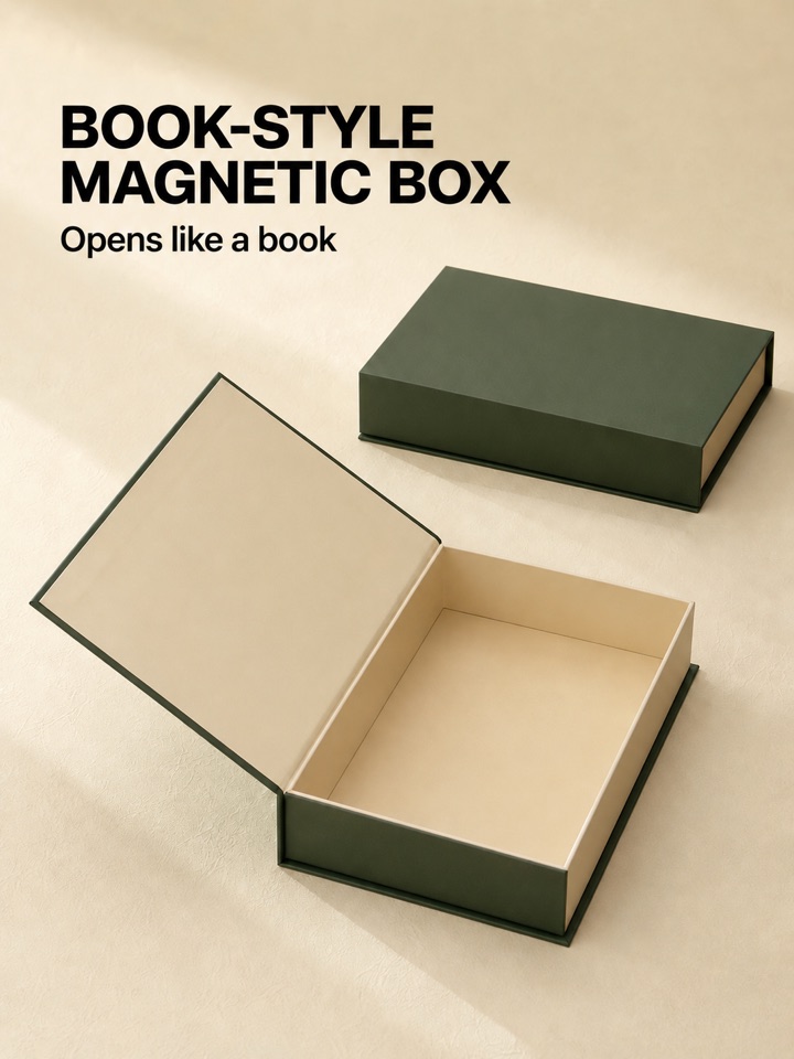 Deep green book-style magnetic presentation box shown open and closed