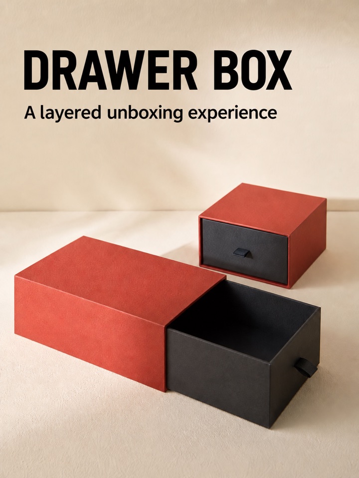 Burgundy and charcoal drawer gift boxes with ribbon pull tabs